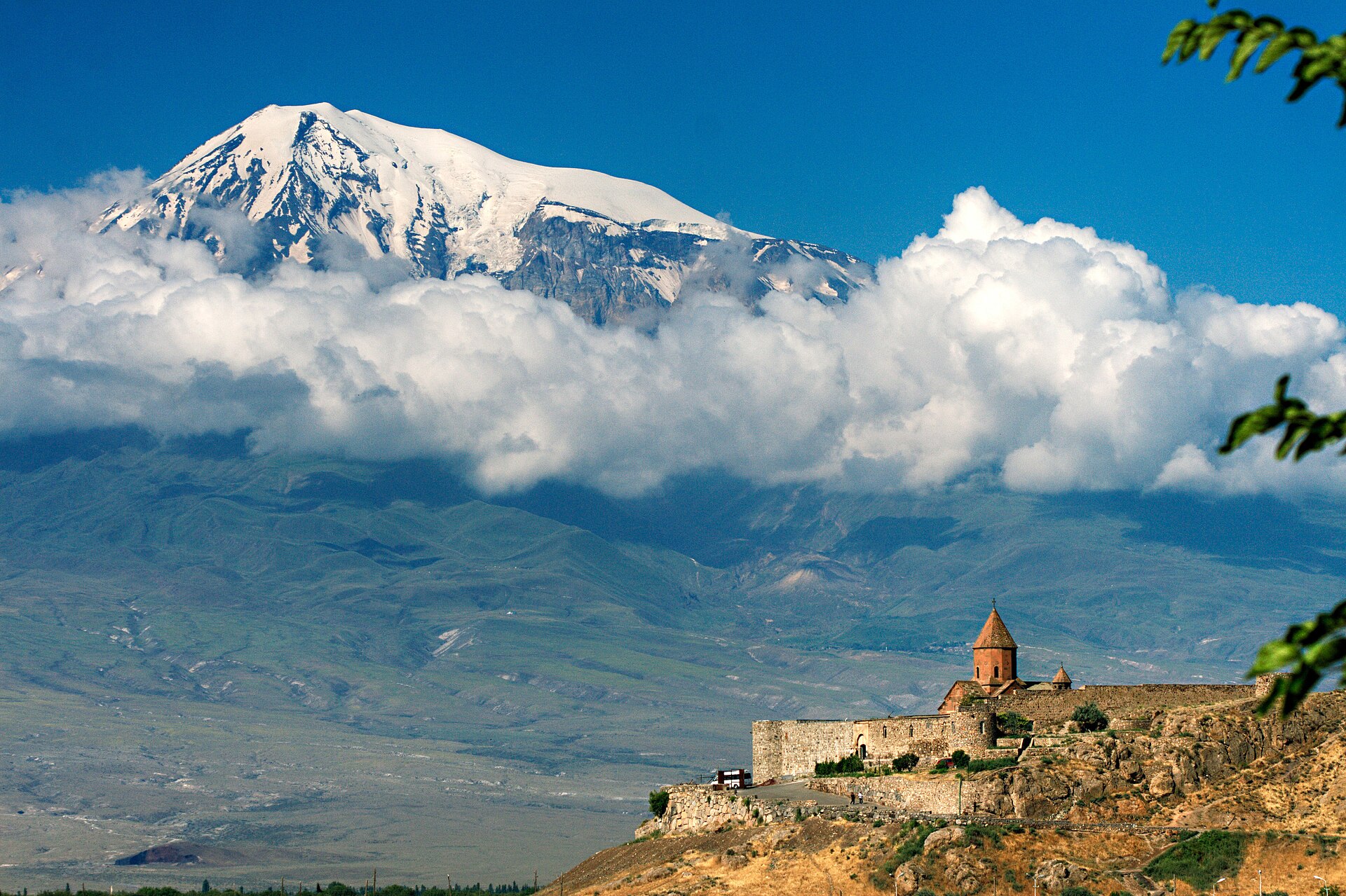 Khor Virap monastery with the snow-covered peak of Mount Ararat above the clouds